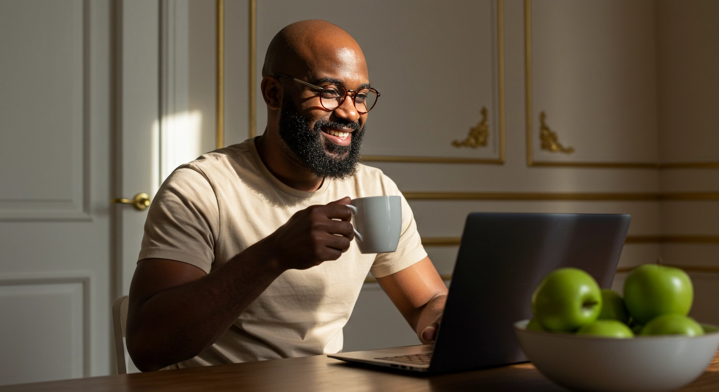 A man using his laptop while holding a cup in his right hand